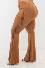 Vocal Plus Size Camel Suede Fringed Flared Pant IM2107PX Fall 2022
