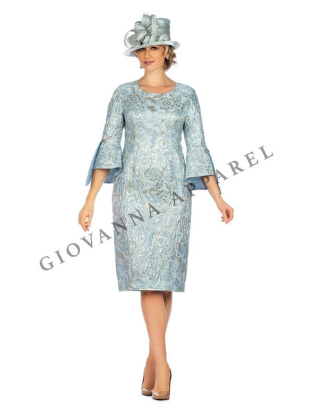 Giovanna Blue Bell-Sleeve 3/4 length Brocade & Lurex 1pc Dress D1517 Spring 2020