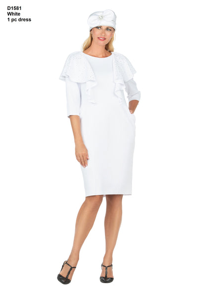 Giovanna D1581 White 1pc 3/4 Slv Ruffled Shift Dress w/ Stones Holiday Dress 2022