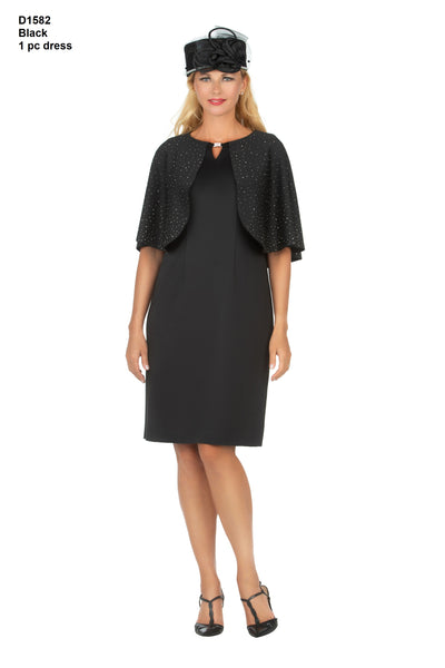 Giovanna D1582 Black 1pc Rhinestone Cape Sleeve Shift Dress w/ Keyhole Neck Holiday Dress 2022