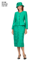 Giovanna G1156 Emerald 2pc Silky Twill Collarless Jkt + Lace Skirt Suit Holiday 2022