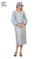 Giovanna G1156 Silver 2pc Silky Twill Collarless Jkt + Lace Skirt Suit Holiday 2022